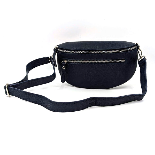 Large and slender leather bumbag with silver hardware double zip detail