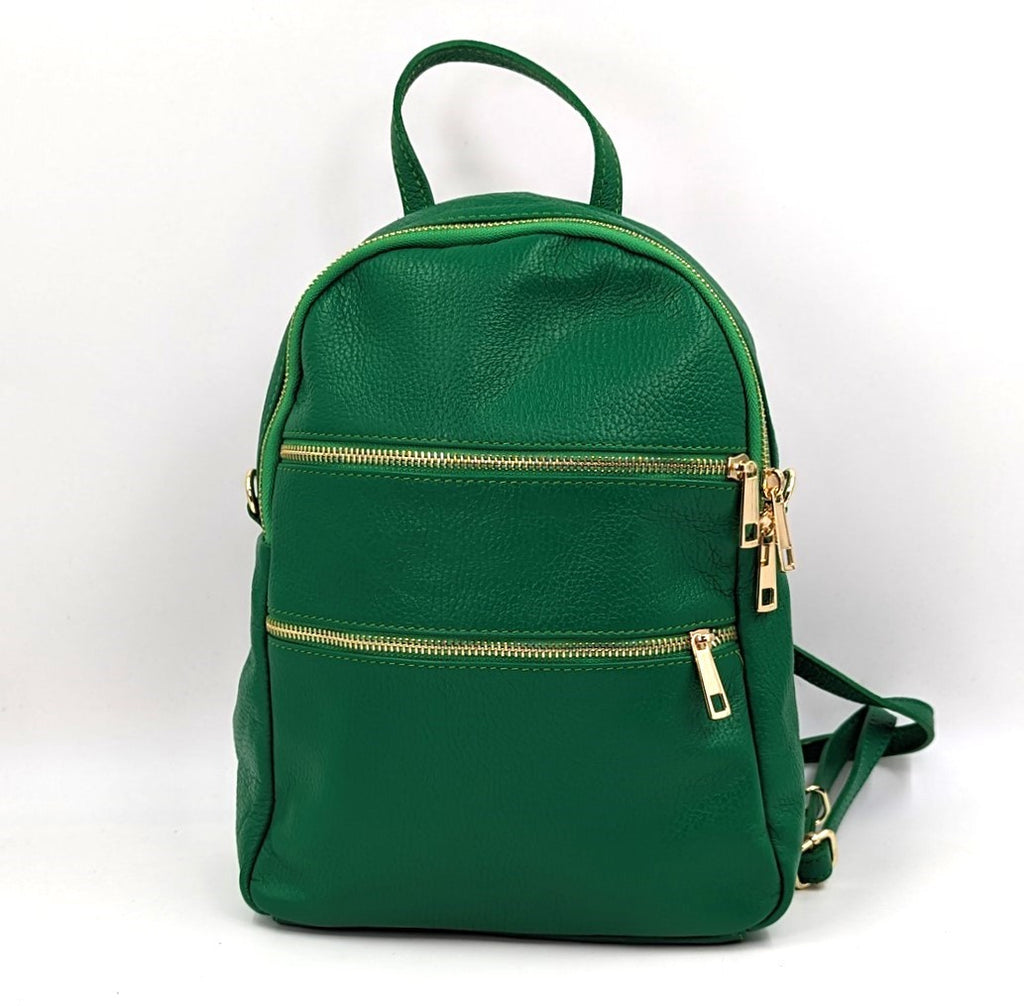 Classic leather backpack with zip front compartments and silver hardwa