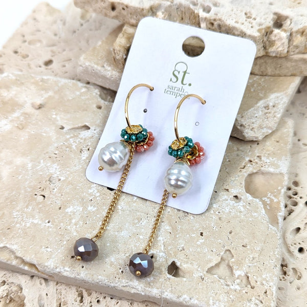 Hoop earrings with dangle pearl and beads elements