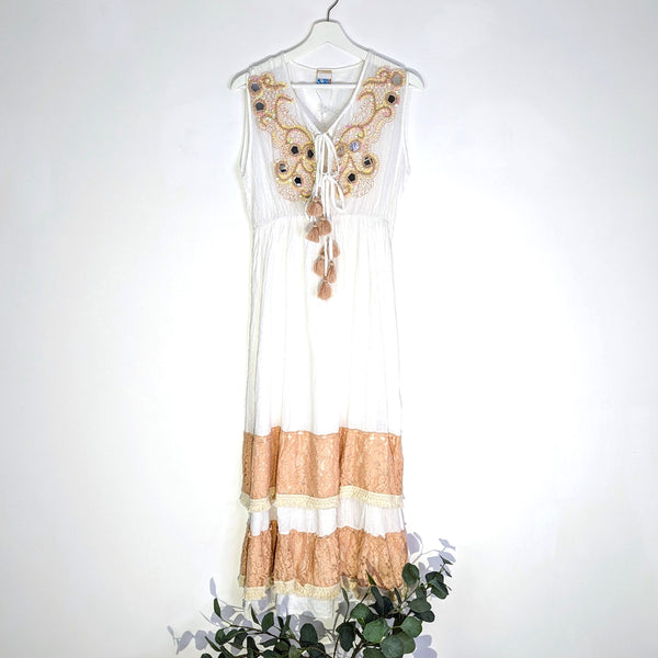 Sleeveless cotton dress with nude lace panels and tassel & artisan sequin embroidery neckline