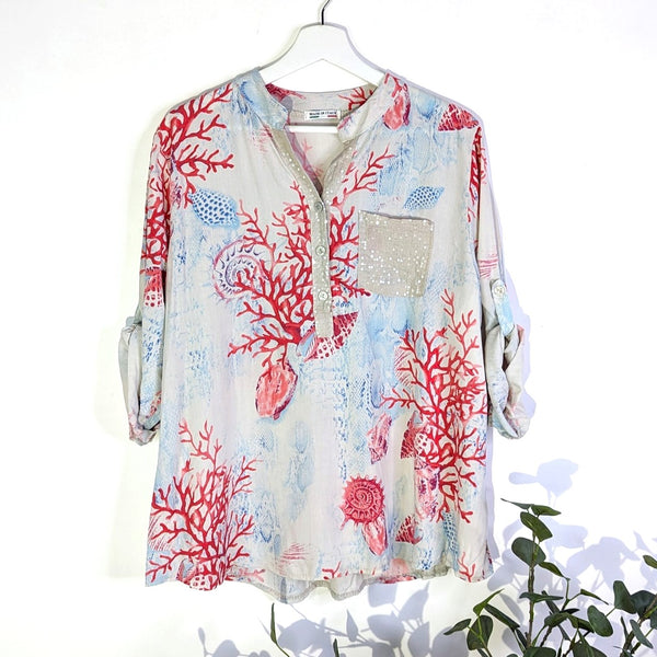 Coral and shell print viscose shirt with subtle sequin pocket and neckline (M)