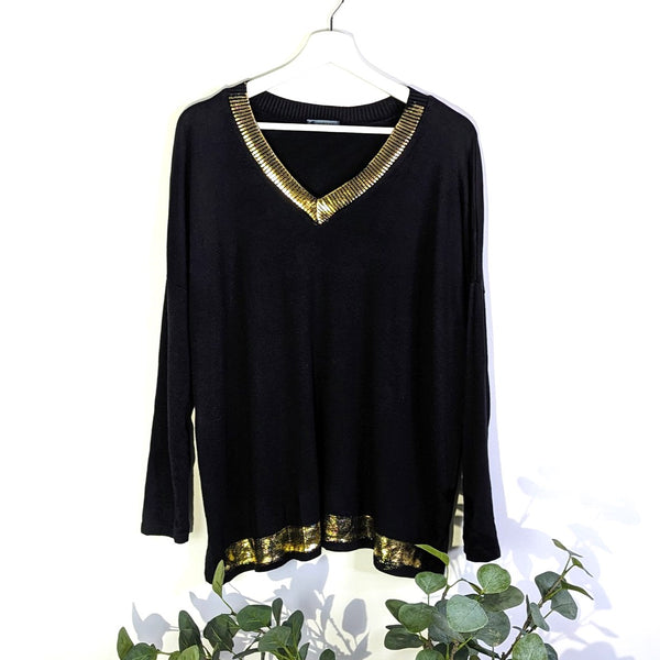 Soft rayon mix V-neck top with gold hot print brushstroke detail