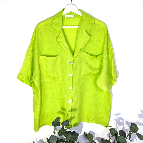 Button down linen top with sleeves and pockets (M-L)