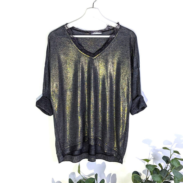 Cotton viscose mix top with lace V neckline and subtle metallic sheen (M)