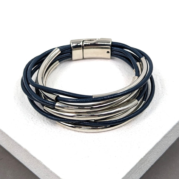 Multi strand leather bracelet with metal tubes