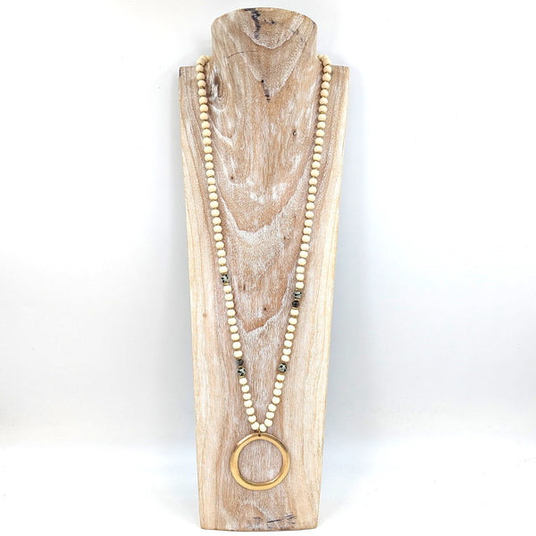 Long beaded necklace with open circle pendant and leopard jasper