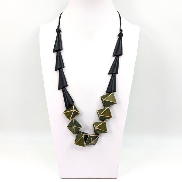 Geometric wood shape contemporary beaded necklace