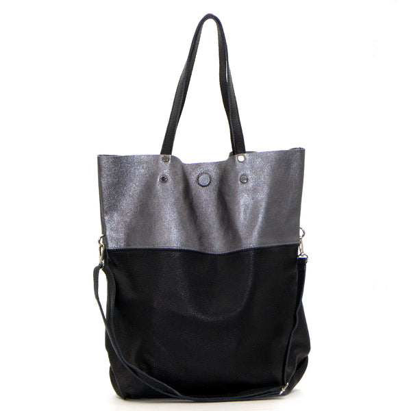 Two tone metallic leather tote bag with high quality magnetic clasp