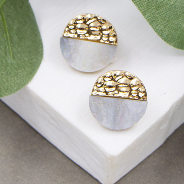 Soft hammered circle studs with grey marble resin