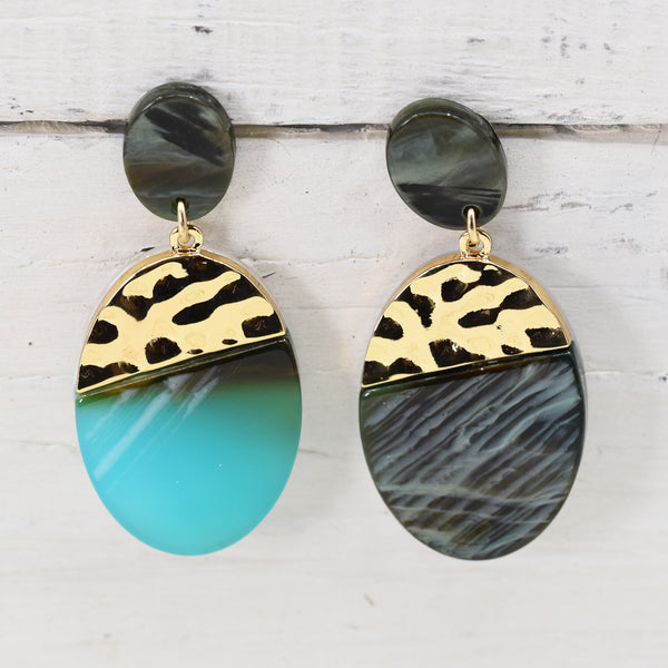 Teal mix oval resin earrings with gold trim