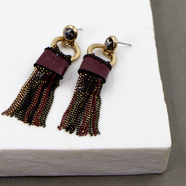 Burgundy leather and chain tassel boho style earrings