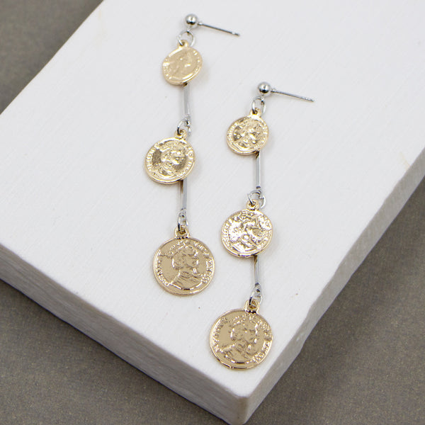 Two tone three coin dangle earrings
