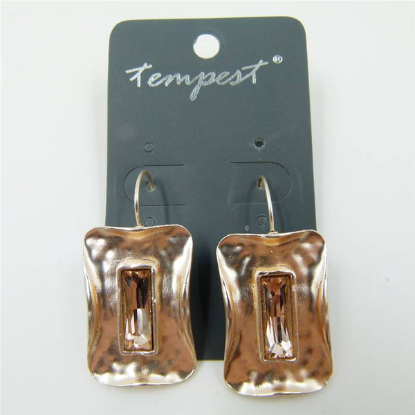 Contemporary beaten rectangle drop earrings with crystal