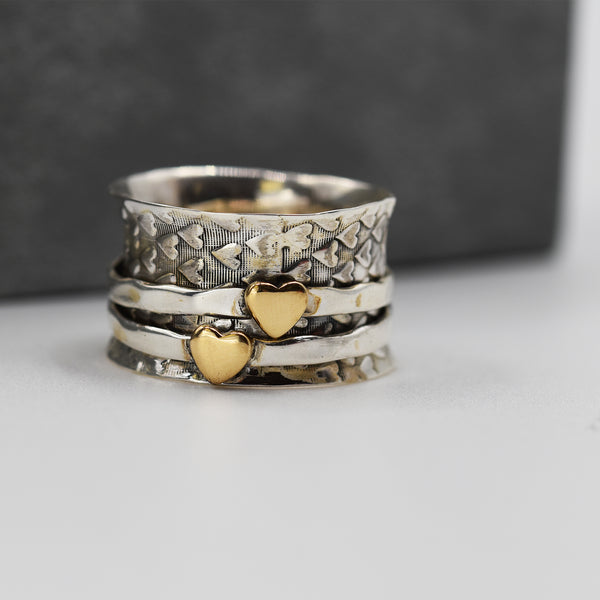 925 Spinning ring with brass hearts - Size 7