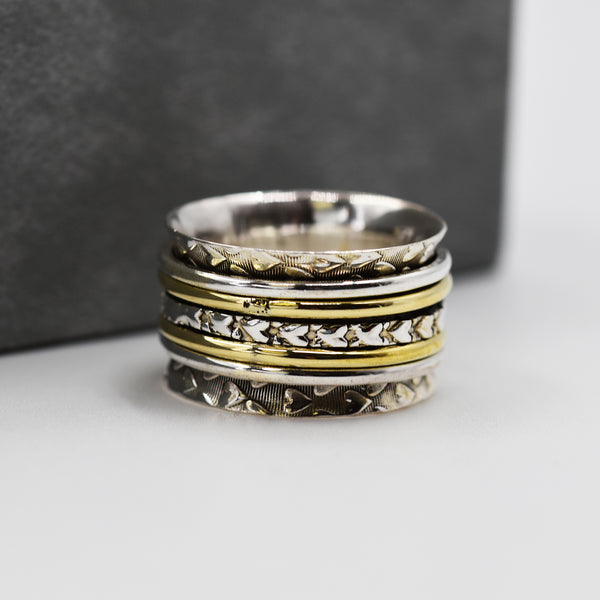 925 Spinning ring with brass and heart band - Size 8