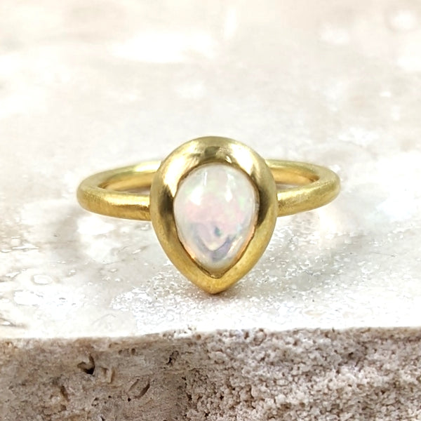 Teardrop shape opal brushed gold plated 925 silver ring