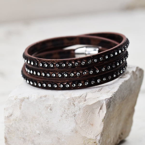 Dark brown triple wraparound bracelet with crystal strip