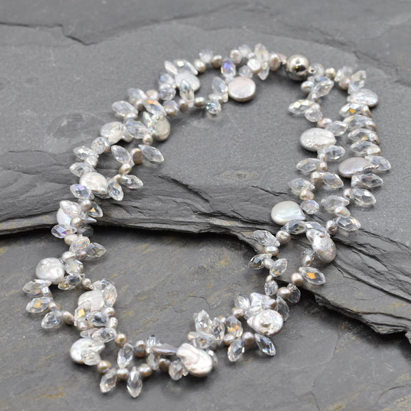 Cut glass and real grey pearl short necklace with magnetic clasp