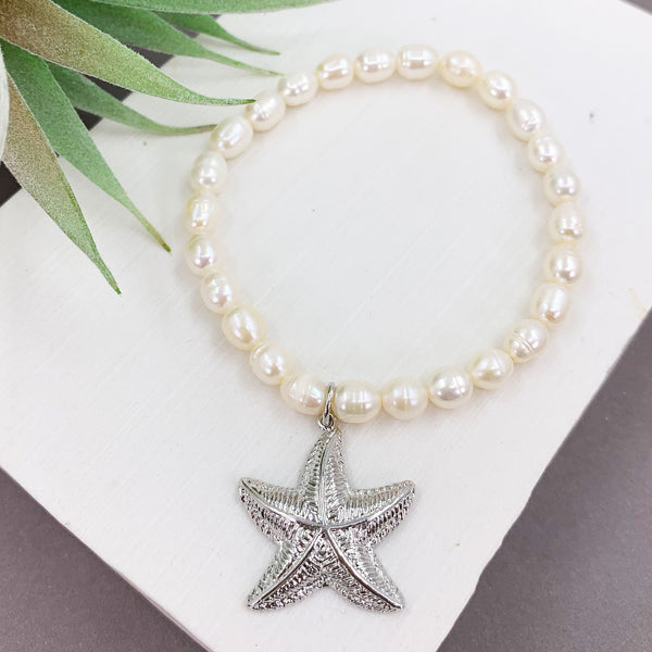 Real pearl beaded bracelet with star fish charm