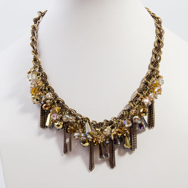 Cut glass cluster necklace with hanging chains & cone beads
