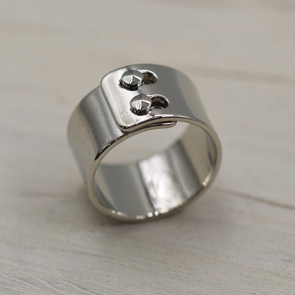 Rhodium wide band fastener style ring