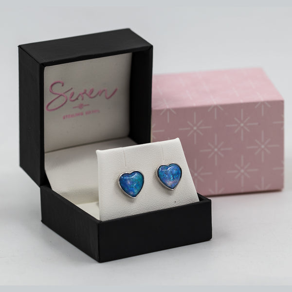 Heart shaped blue opal stud earrings