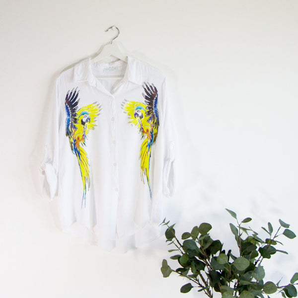 Soft feel button up shirt with mirrored multi colour parrot