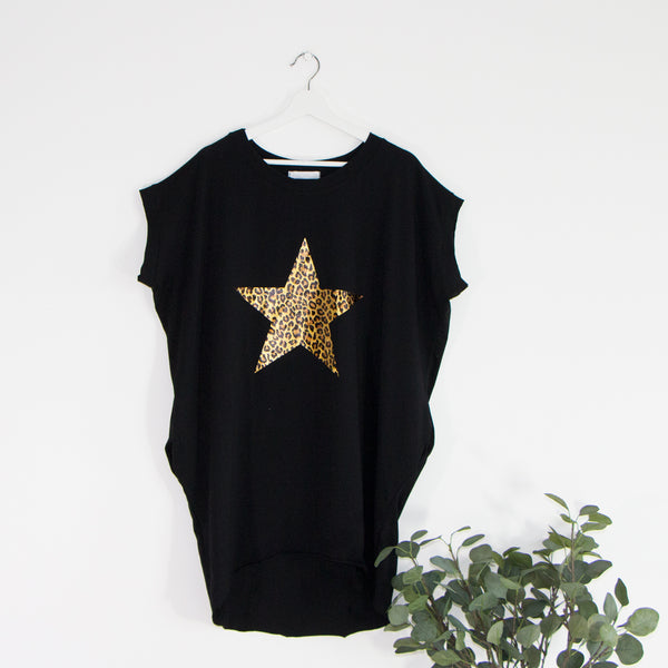 Flattering substantial free size jersey top with raw edge with metallic leopard star