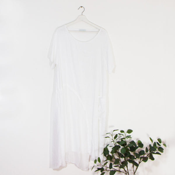 Short sleeve linen dress with silk panel and pocket detail
