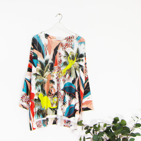 Edgy monkey jungle digital print bat wing top with subtle crystal elements