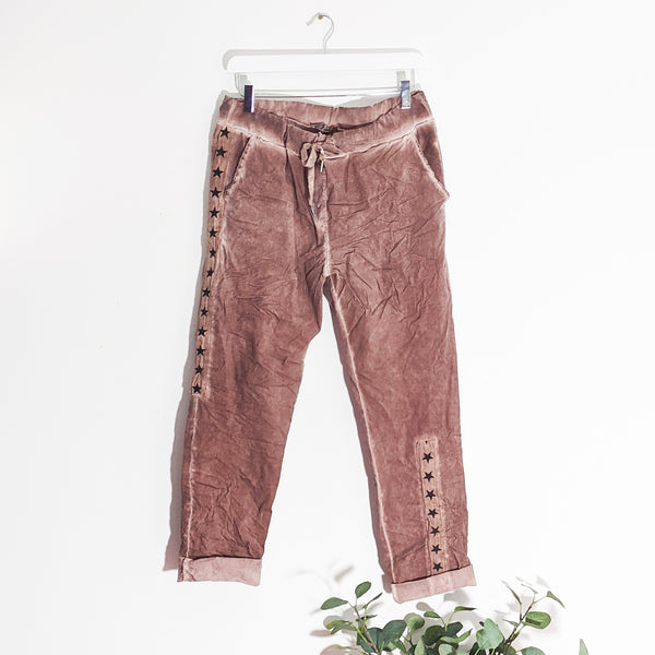 Super stretch vintage wash trousers with star trim detail and drawstring