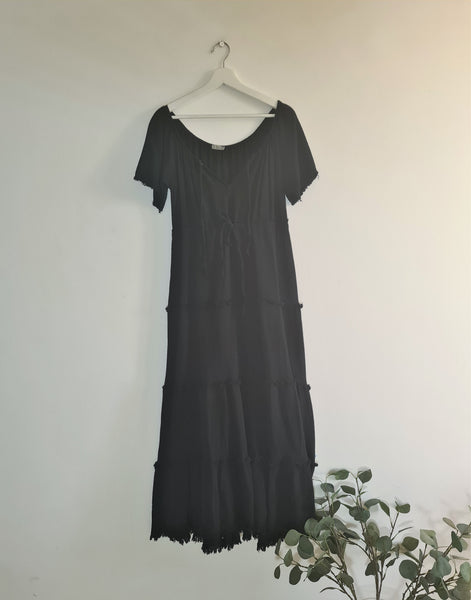 Super long panel dress with fashionable frayed edging, tie waist and elasticated neckline