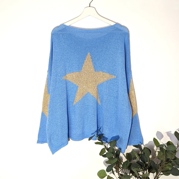 Slight hi-lo jumper with gold knitted stars on back and elbows (M-XL)
