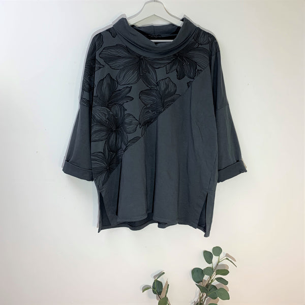 Jersey lounge top with flower print panel and slight cowl neckline