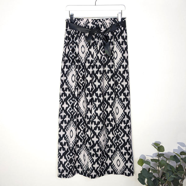 Viscose mix straight leg trousers with tribal type print, elasticated waist and ribbon tie