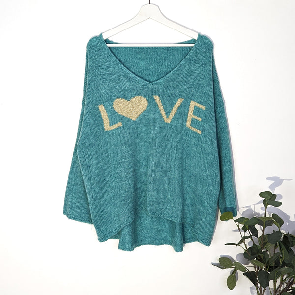 Wool mix v-neck jumper with gold love motif in knit (M-L)