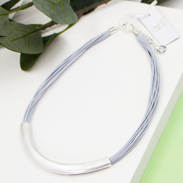 Grey fine wax cord short necklace with metal section