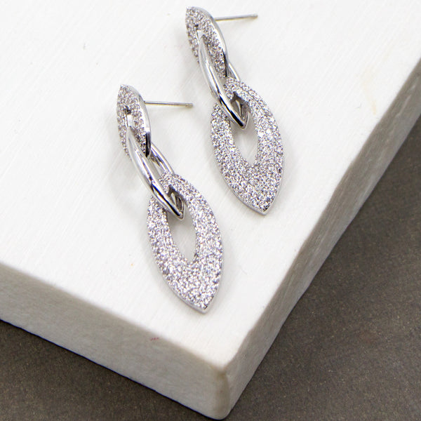 Stylish oval chain cz crystal encrusted earrings on 925 silver post