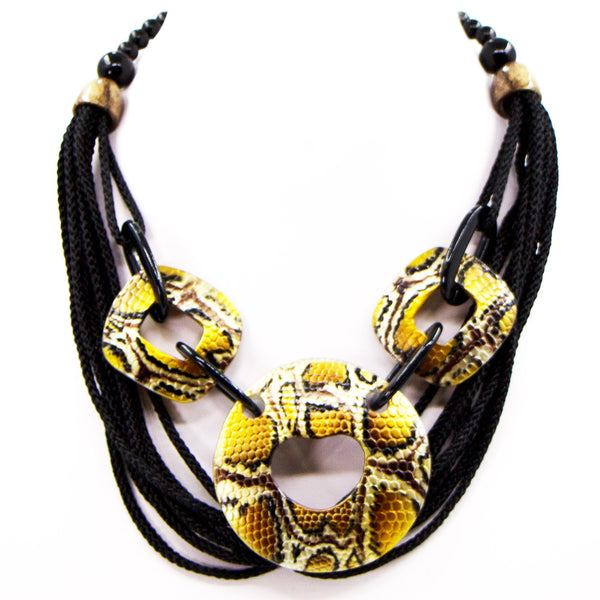 Snake print resin component and multi cord short statement necklace