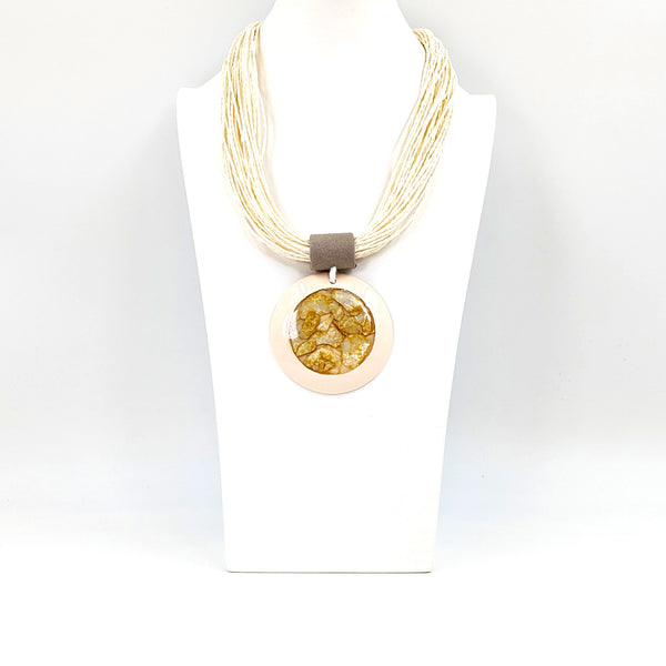 Luxury twine necklace with resin disc and shell inlay