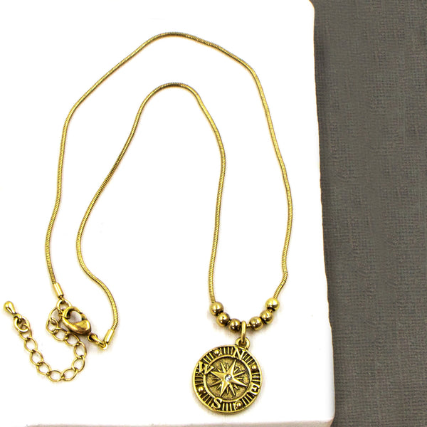 Short snake chain necklace with wanderlust and compass double sided pendant