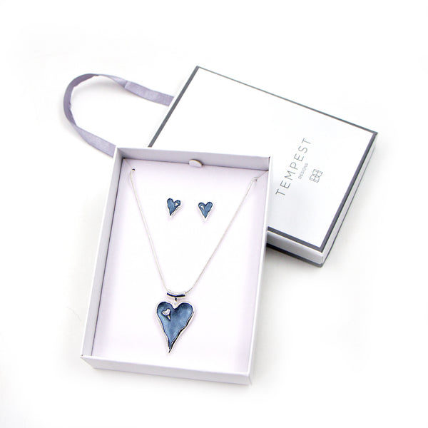 Contemporary enamel heart pendant necklace and earring set