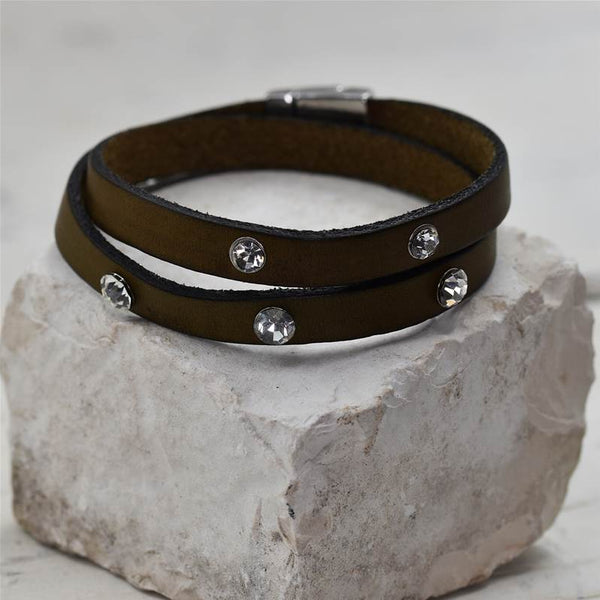Double wrap around khaki leather bracelet with crystals