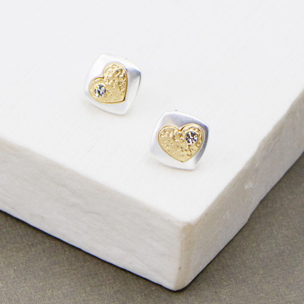 Two tone relief heart on square base earrings