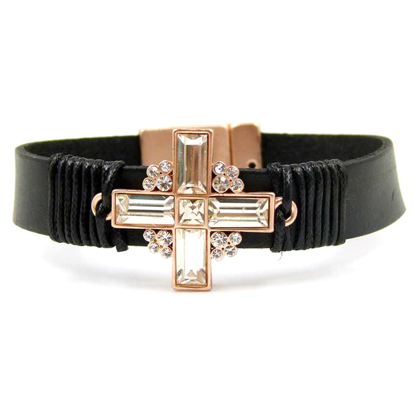 Crystal cross design on chunky leather bracelet with clasp