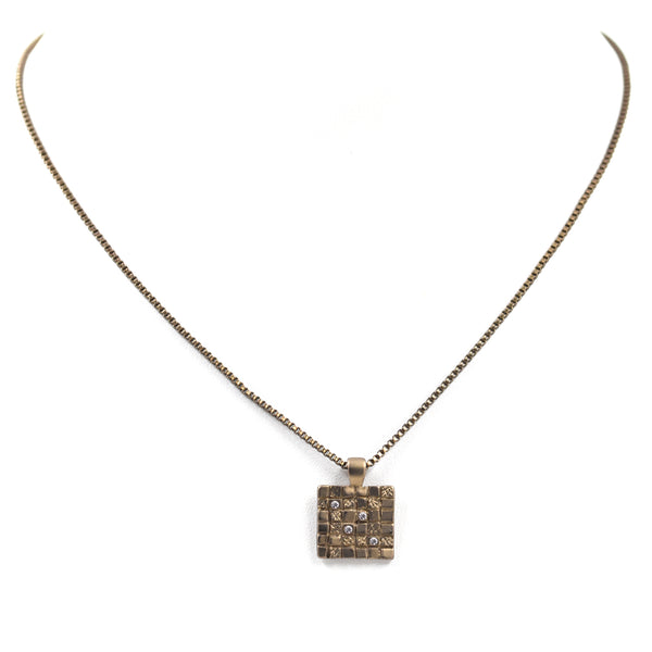 Mosaic inspired square with crystal detail pendant necklace