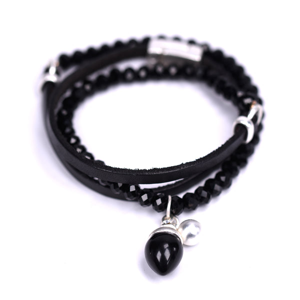 Resin pendant on beaded & leather bracelet