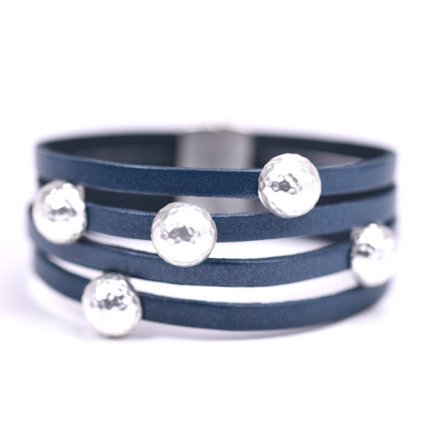 Dark blue cord bracelet with hammered effect embellishments
