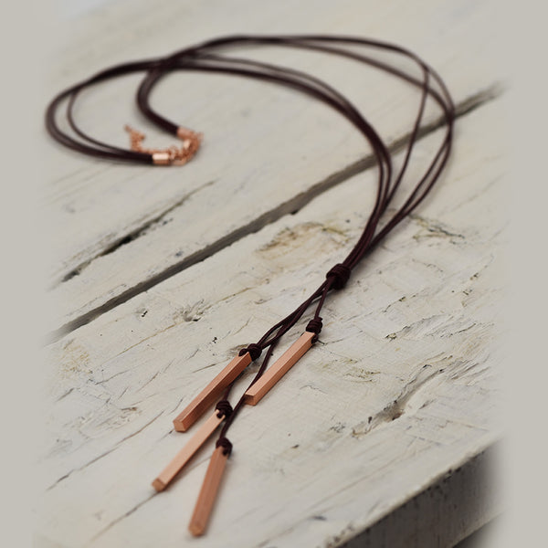 Matt Rose Gold and Dark Red leather Knot Strand Necklace