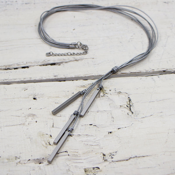 Matt Rhodium and grey Leather Knot Strand Necklace